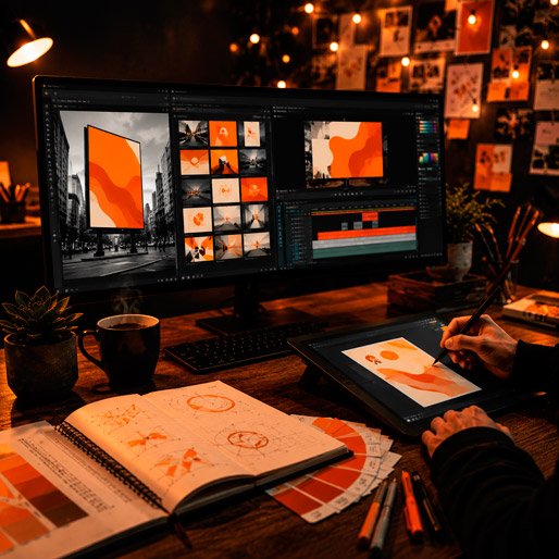 Fotografía editorial estilo cinematográfico de un estudio creativo moderno de agencia de publicidad, de noche: en primer plano una mesa de control minimalista tipo consola de mezcla con pequeños faders y botones iluminados en naranja vibrante (#FF5A1F), sobre superficie de metal cepillado casi negro; al fondo, desenfocado con bokeh circular, una pared de monitores mostrando gráficas de analítica digital y miniaturas de contenido en tonos cálidos; iluminación dramática de alto contraste con luz naranja/ámbar lateral creando reflejos en el metal y sombras color carbón, combinada con un leve resplandor azul frío de las pantallas como contraste complementario; partículas de polvo suspendidas e iluminadas, ligera neblina atmosférica; formato horizontal panorámico, encuadre a la altura de la consola con ángulo ligeramente picado; sin texto ni logotipos, puede incluir una silueta de mano desenfocada sosteniendo un fader; estética de campaña publicitaria de alta gama que transmite 'centro de control de una campaña de comunicación en vivo'; colores dominantes naranja quemado, negro carbón y acentos crema cálidos.