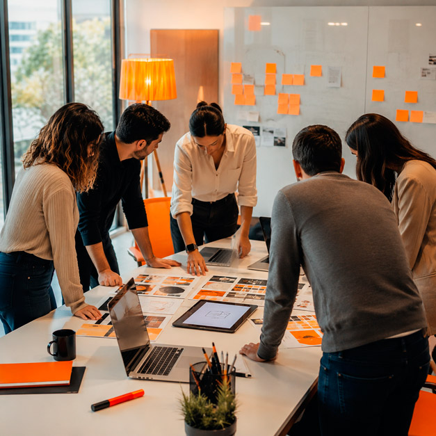 Fotografía corporativa moderna y cálida de un equipo creativo multidisciplinario (cuatro a cinco personas, edades y géneros variados, vestimenta business-casual en tonos neutros) trabajando de pie alrededor de una mesa de juntas blanca en una sala de oficina luminosa con grandes ventanales; sobre la mesa hay laptops abiertas, muestras impresas de diseño gráfico con paletas en tonos naranja, una tableta digital mostrando un boceto de logotipo y, al fondo, una pizarra de vidrio con post-its naranjas y notas de planeación de campaña sin texto legible; luz natural suave desde la ventana izquierda complementada con un acento cálido de luz artificial naranja proveniente de una lámpara de piso; paleta de blancos cálidos, madera clara, negro grafito en el mobiliario y acentos naranja vibrante distribuidos en carpetas, un marcador y una silla; composición horizontal, plano medio ligeramente elevado, profundidad de campo media para mantener nitidez en todo el grupo; estilo editorial corporativo tipo fotografía de stock premium para agencias creativas, ambiente colaborativo y profesional, personas de espaldas o con foco en manos y materiales para mantener anonimato.