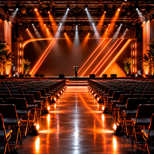 Fotografía panorámica de un salón de convenciones moderno y amplio, vista desde el fondo de la sala hacia un escenario iluminado: el escenario tiene un backdrop curvo minimalista en tono carbón oscuro con líneas de luz LED naranja integradas formando un patrón geométrico de franjas diagonales; frente al escenario, filas ordenadas de sillas plegables color grafito vacías con pasillo central iluminado; en el techo, estructura de truss metálica con reflectores generando haces de luz visibles gracias a una ligera neblina escénica; paleta dominante negro carbón y gris grafito, con la luz naranja vibrante como protagonista cromático y toques cálidos crema en la iluminación ambiental lateral; composición horizontal panorámica con punto de fuga central hacia el escenario, sensación de escala y profesionalismo; estilo de fotografía de producción de eventos corporativos de alto nivel, atmosférica, sin personas ni marcas visibles.