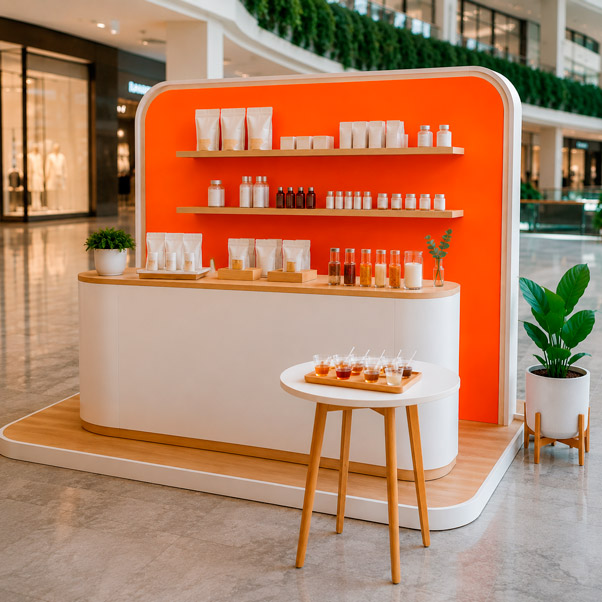 Fotografía documental de una activación de marca en un espacio comercial: un módulo de exhibición minimalista en tonos blanco y madera clara, con un panel posterior curvo en color naranja vibrante sólido, sin logotipos ni texto, sobre el cual hay repisas flotantes con productos genéricos en empaques neutros; frente al módulo, una mesa redonda pequeña con muestras de sampling en vasos transparentes; el entorno sugiere un centro comercial amplio y luminoso, con luz natural difusa desde la derecha y reflejos suaves en piso pulido gris claro; composición horizontal en ángulo de tres cuartos mostrando el módulo completo, profundidad de campo media; paleta de blanco, madera clara y naranja vibrante como acento estructural principal sobre grises neutros; estilo de fotografía comercial y lifestyle, limpia y moderna, sin personas ni marcas visibles.